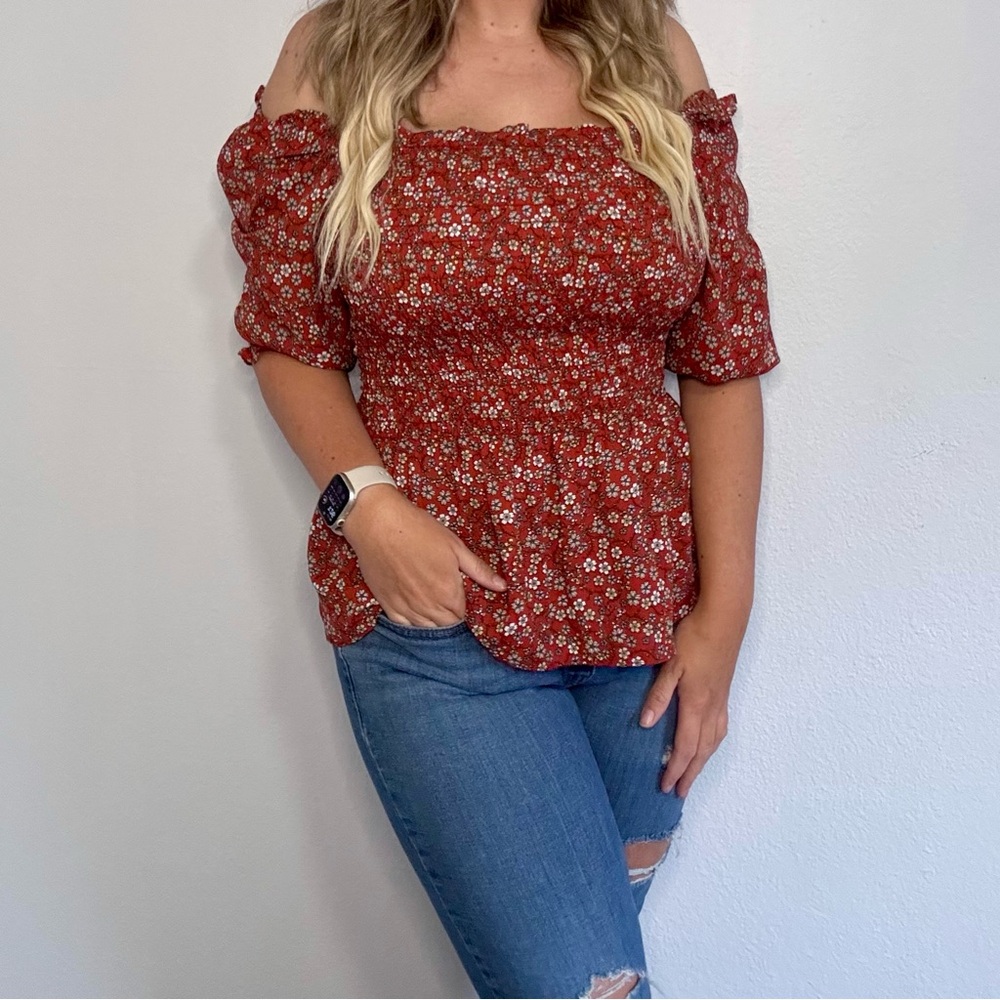 Max Studio Red Smocked Blouse with 3/4 Sleeves